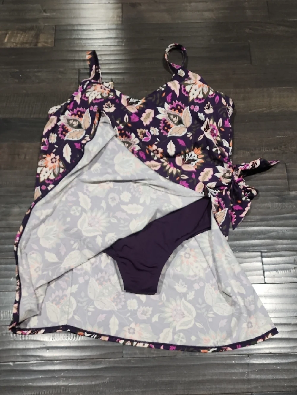 Lands End Floral Purple Tie-Side Bathing Suit Gorgeous Colors